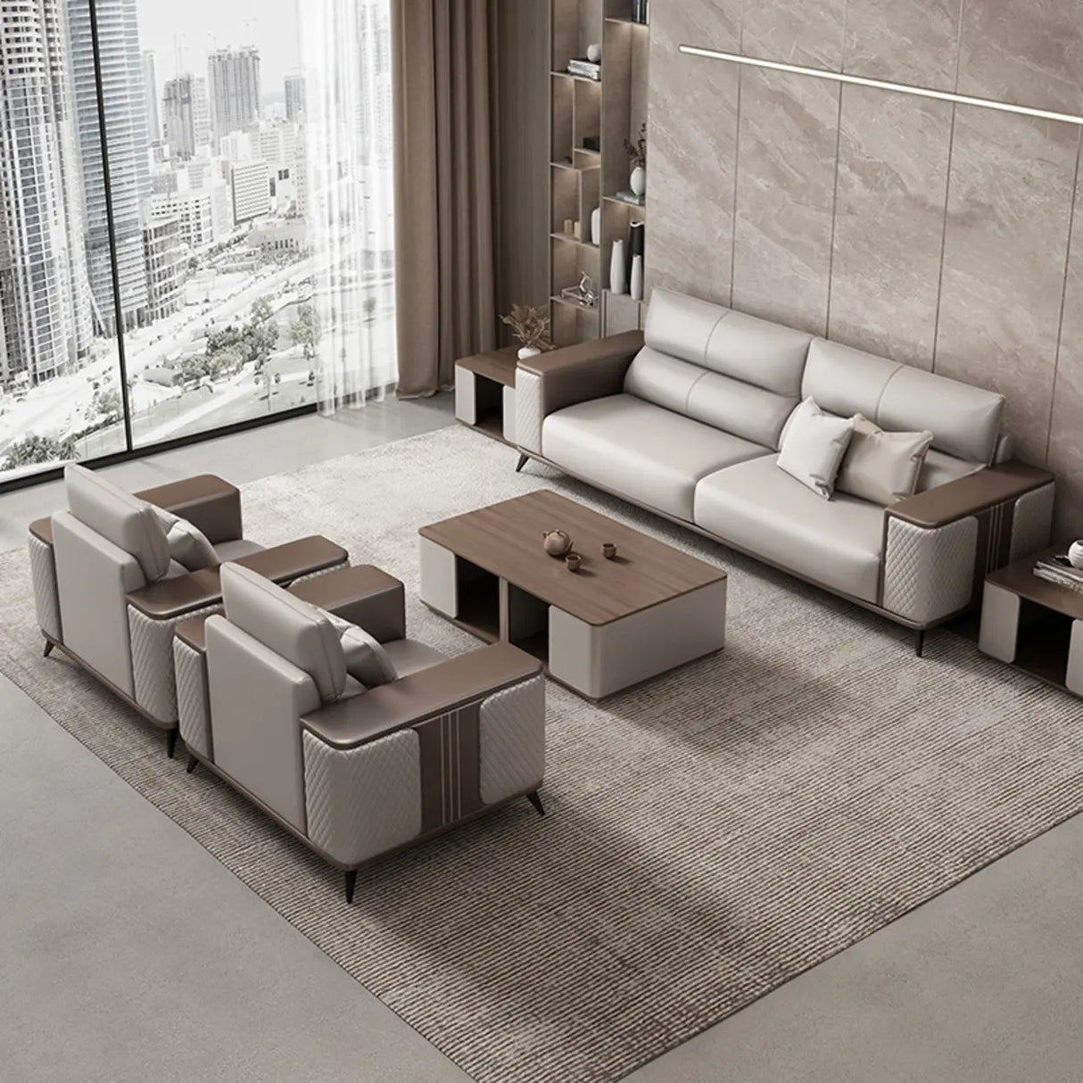 Grey Stain Resistant Leather Sewn Pillow Back Sofa Image - 3