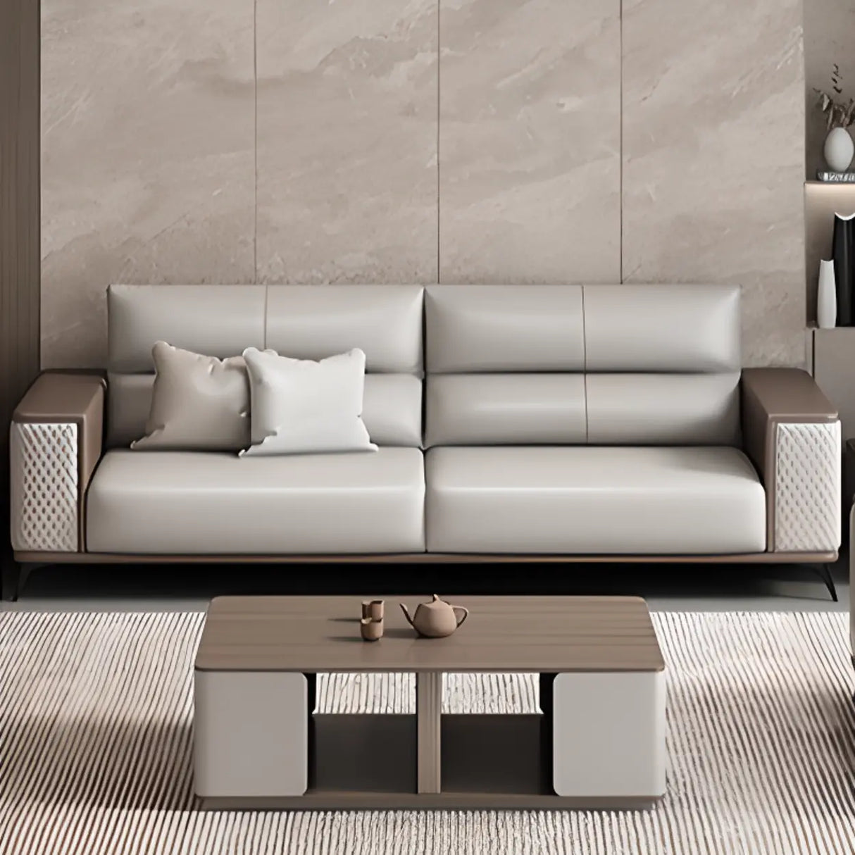 Grey Stain Resistant Leather Sewn Pillow Back Sofa Image - 4