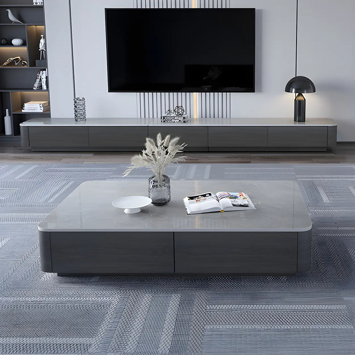Grey Stone Rectangular Storage Drawers Coffee Table Image - 1