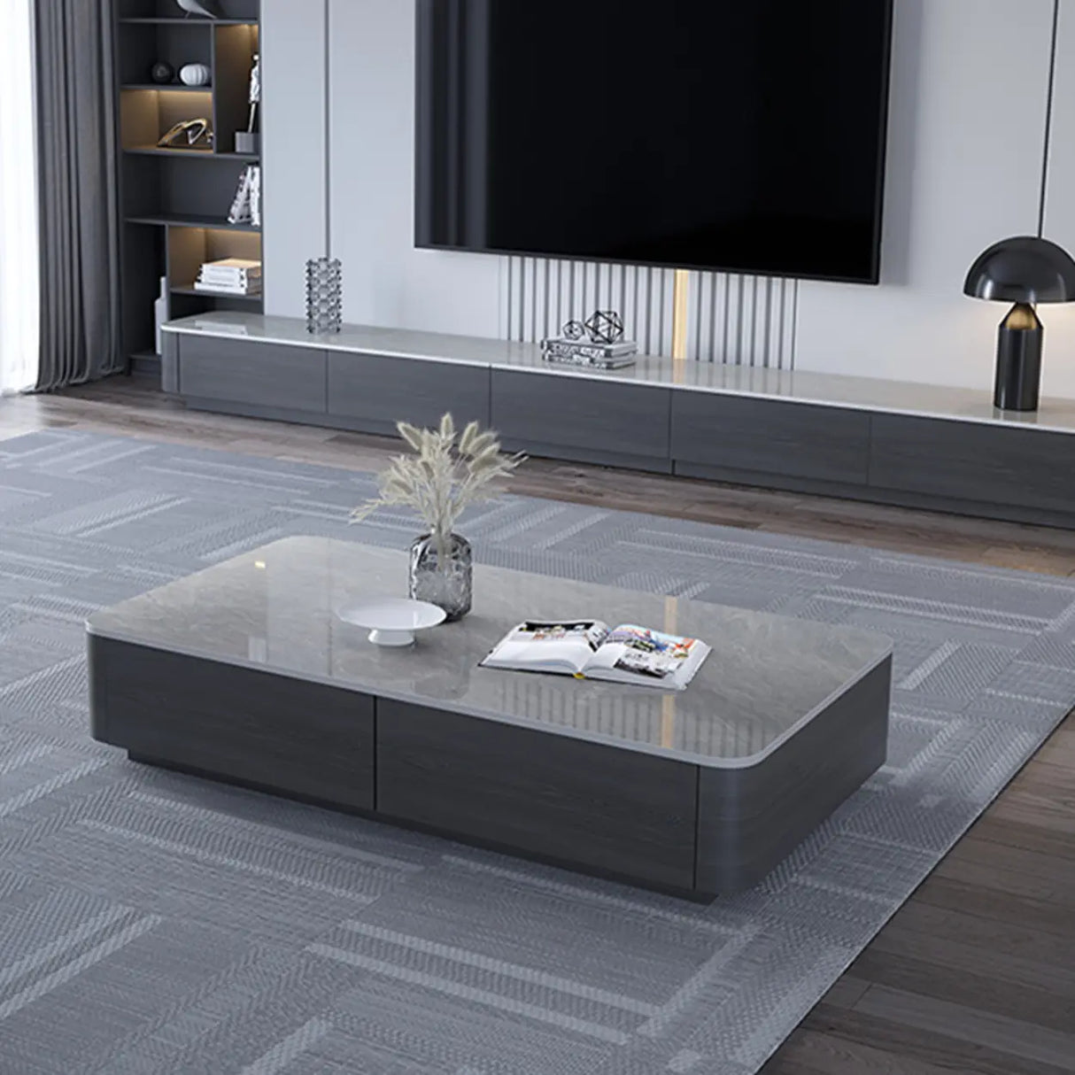 Grey Stone Rectangular Storage Drawers Coffee Table Image - 3