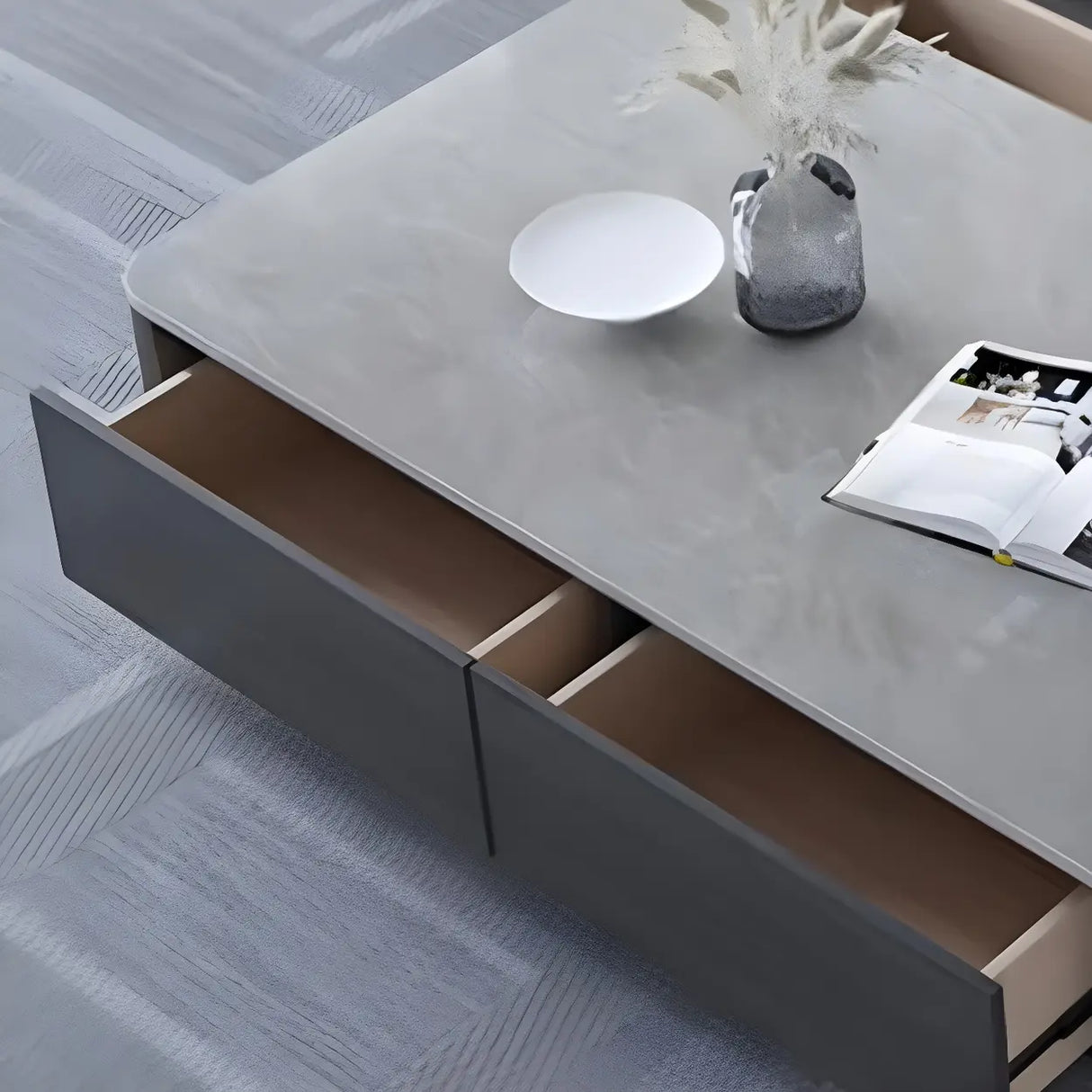 Grey Stone Rectangular Storage Drawers Coffee Table Image - 5