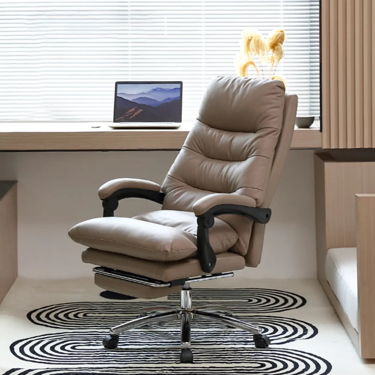 Grey Swivel Adjustable Leather Office Chair with Footrest Image - 1