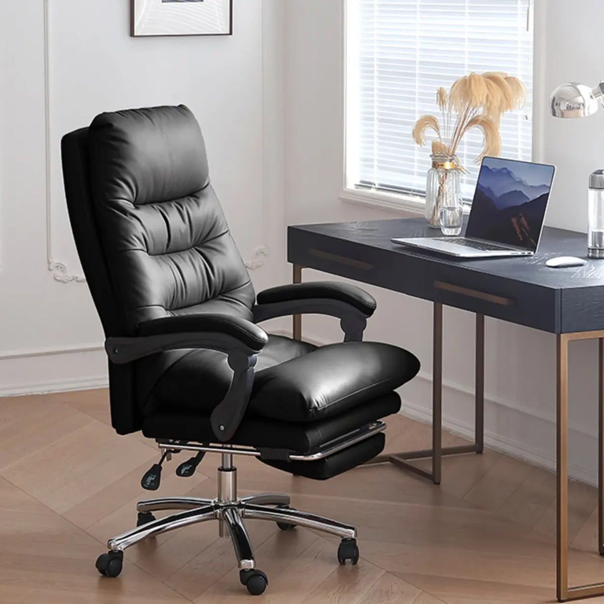 Grey Swivel Adjustable Leather Office Chair with Footrest Image - 14