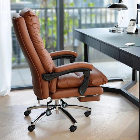 Grey Swivel Adjustable Leather Office Chair with Footrest Image - 2