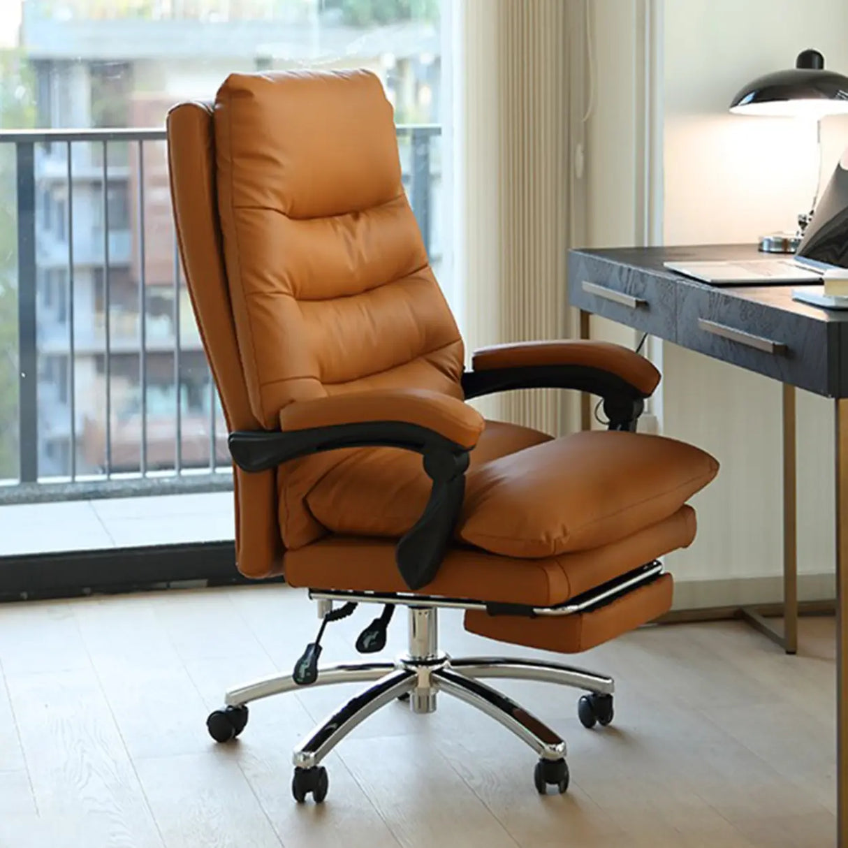 Grey Swivel Adjustable Leather Office Chair with Footrest Image - 4