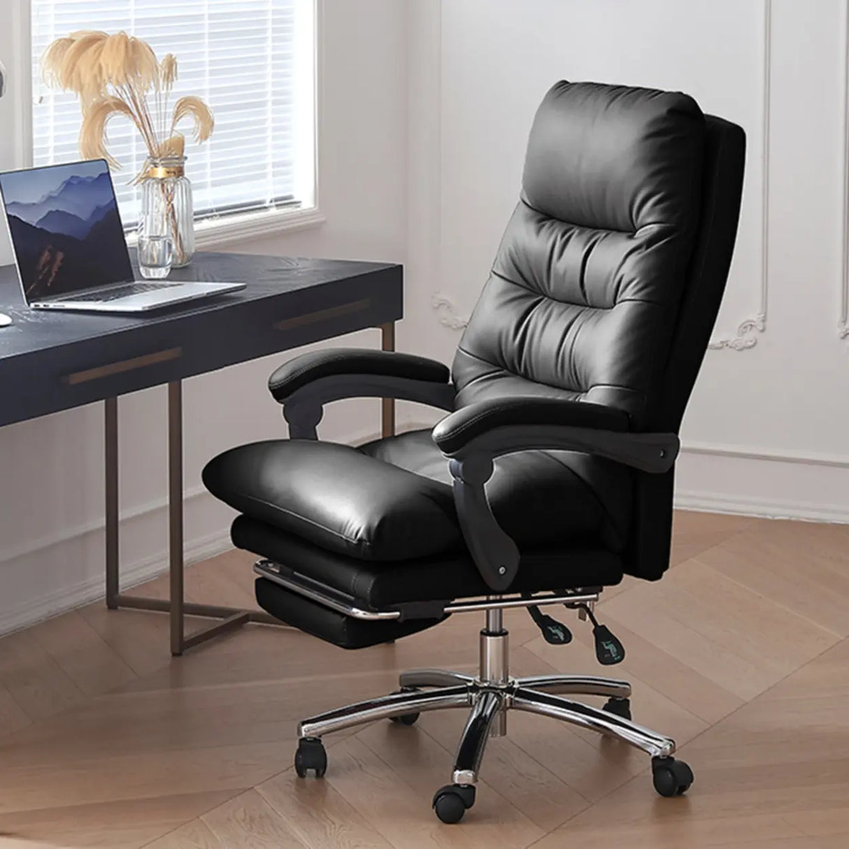 Grey Swivel Adjustable Leather Office Chair with Footrest Image - 6