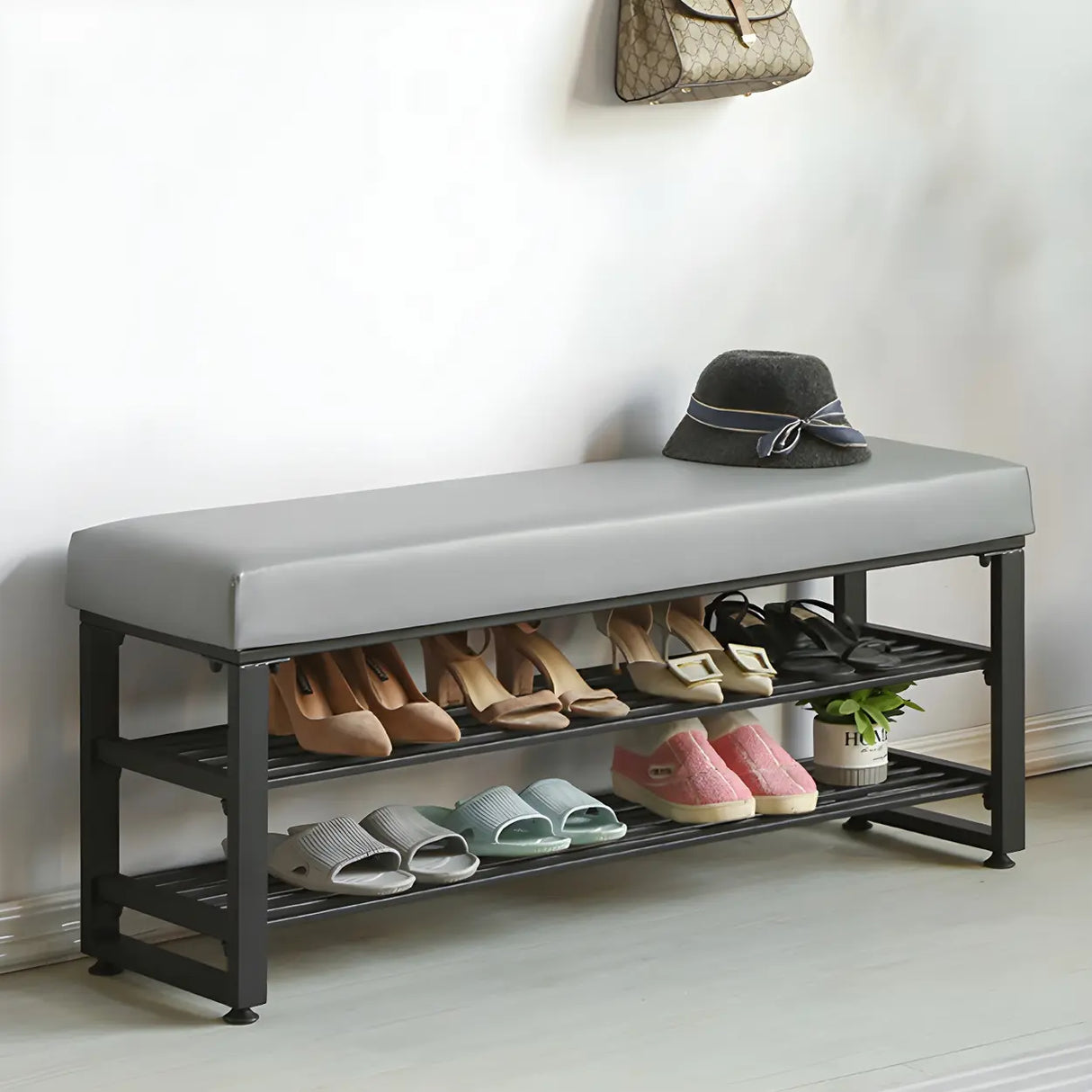Grey Upholstered Entryway Bench with Shoe Storage Image - 6