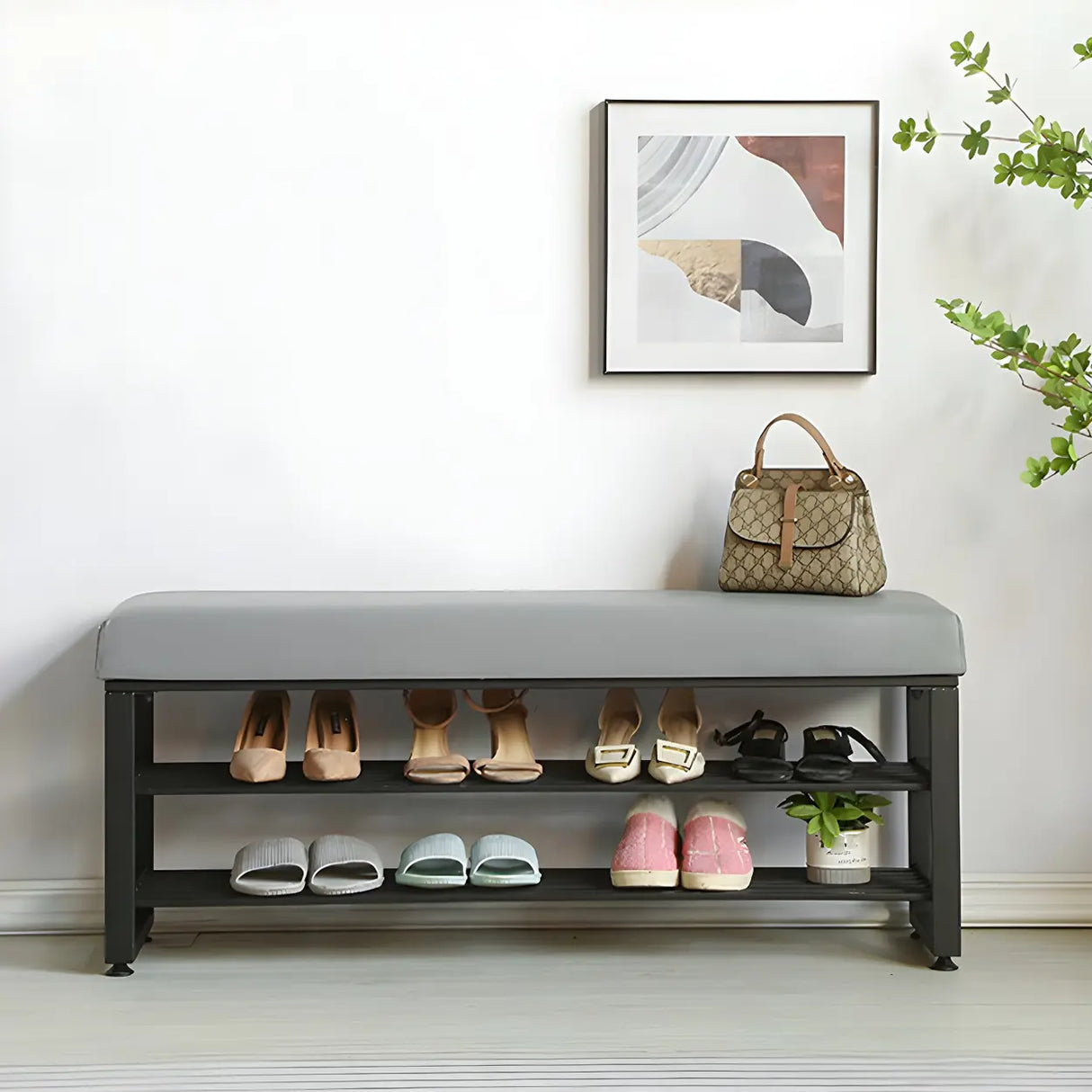 Grey Upholstered Entryway Bench with Shoe Storage Image - 8