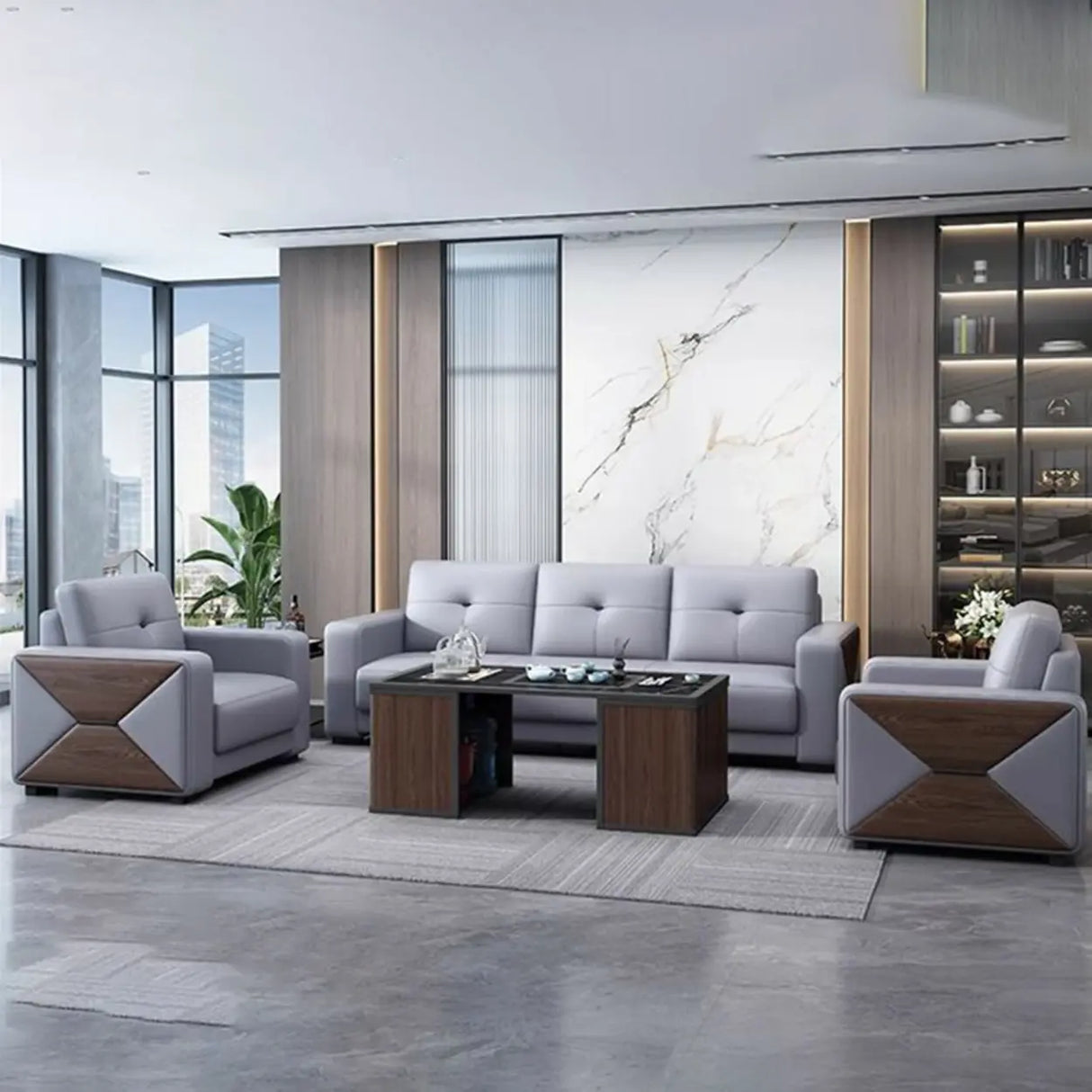 Grey Waterproof Faux Leather Upholstered Back Sofa Image - 7