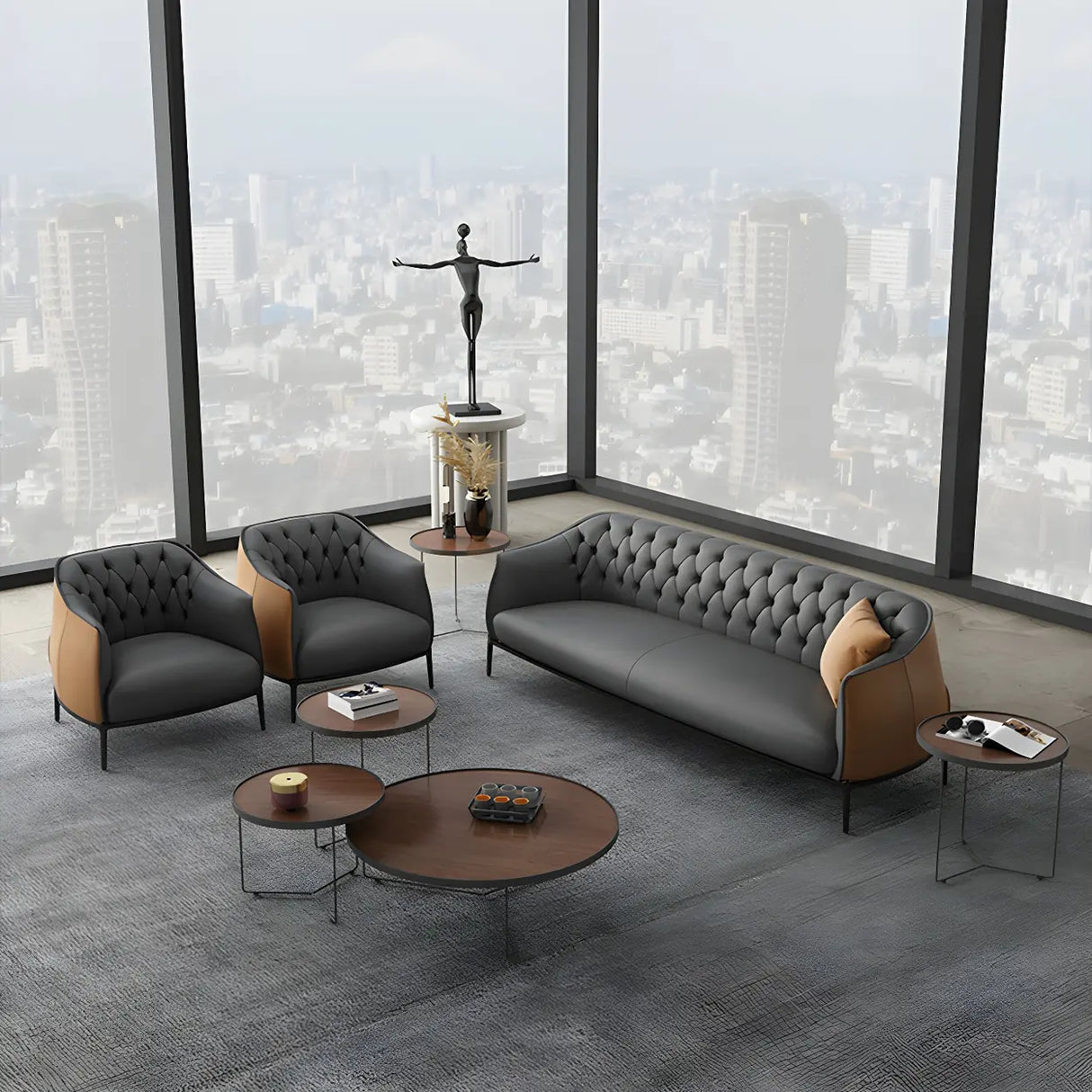 Grey Waterproof Leather Upholstered Back Office Sofa Image - 19