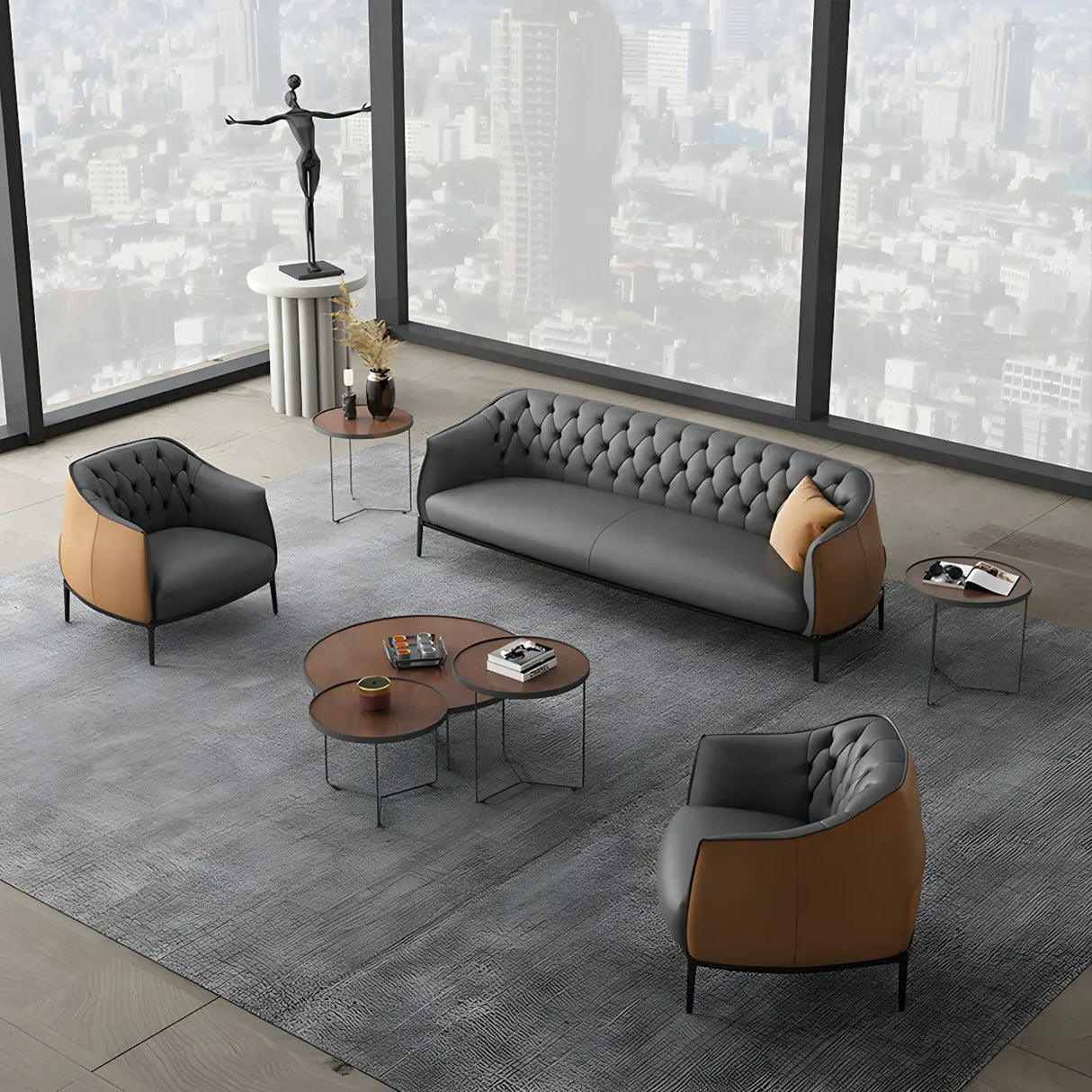 Grey Waterproof Leather Upholstered Back Office Sofa Image - 5