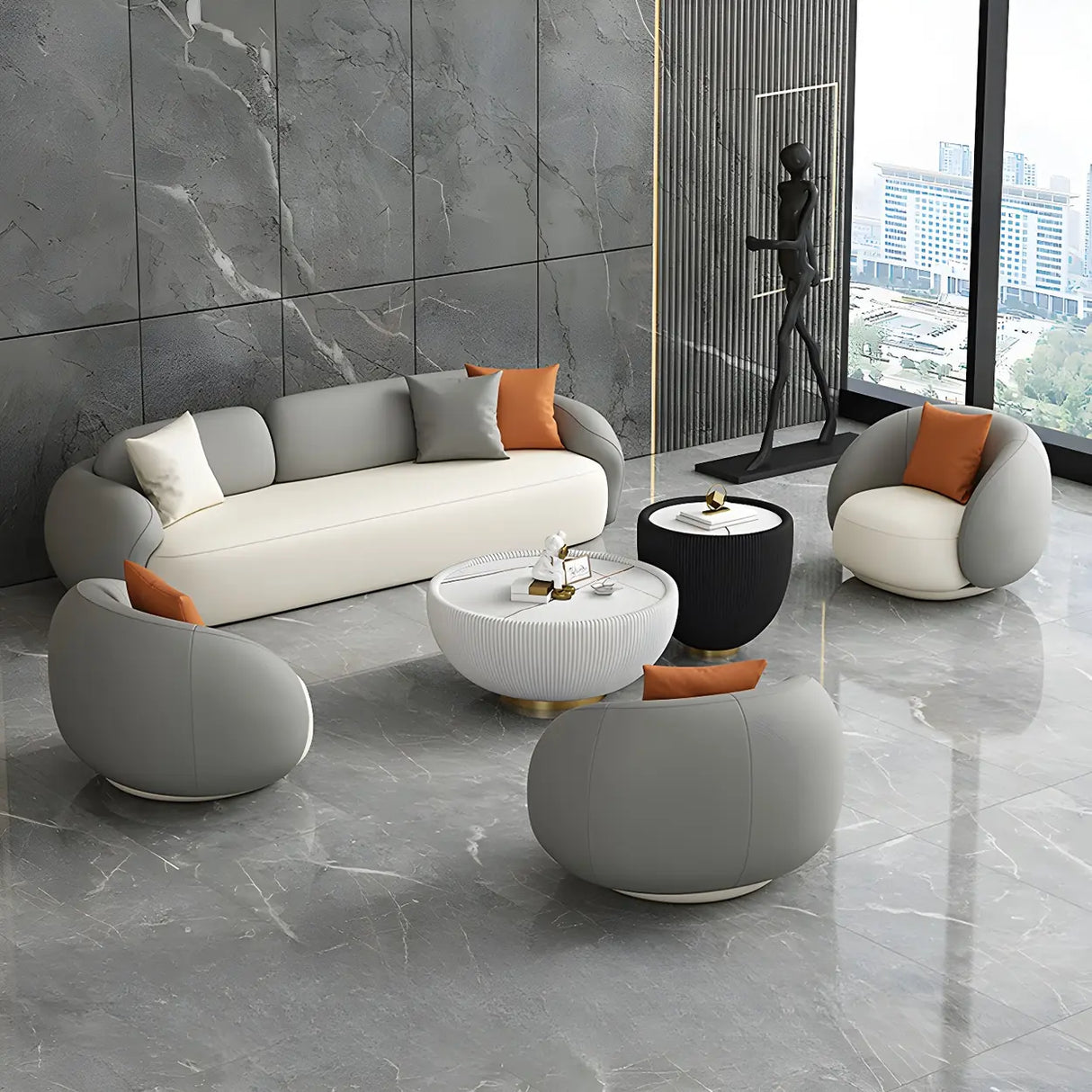 Grey White Scratch Resistant Leather Tight Back Sofa Image - 10