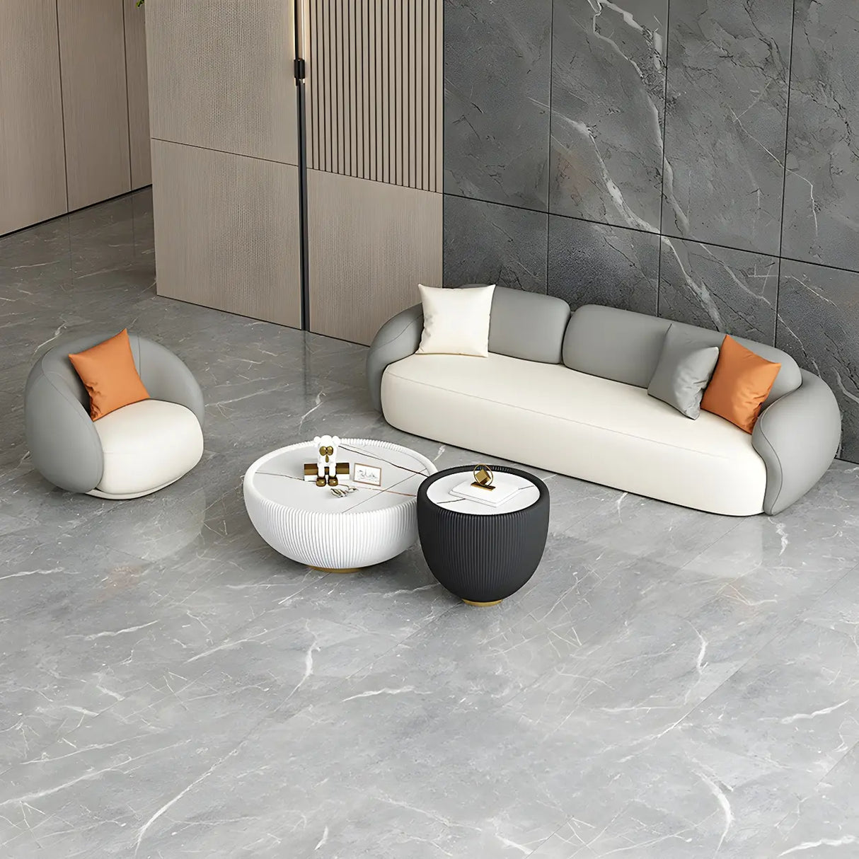 Grey White Scratch Resistant Leather Tight Back Sofa Image - 5
