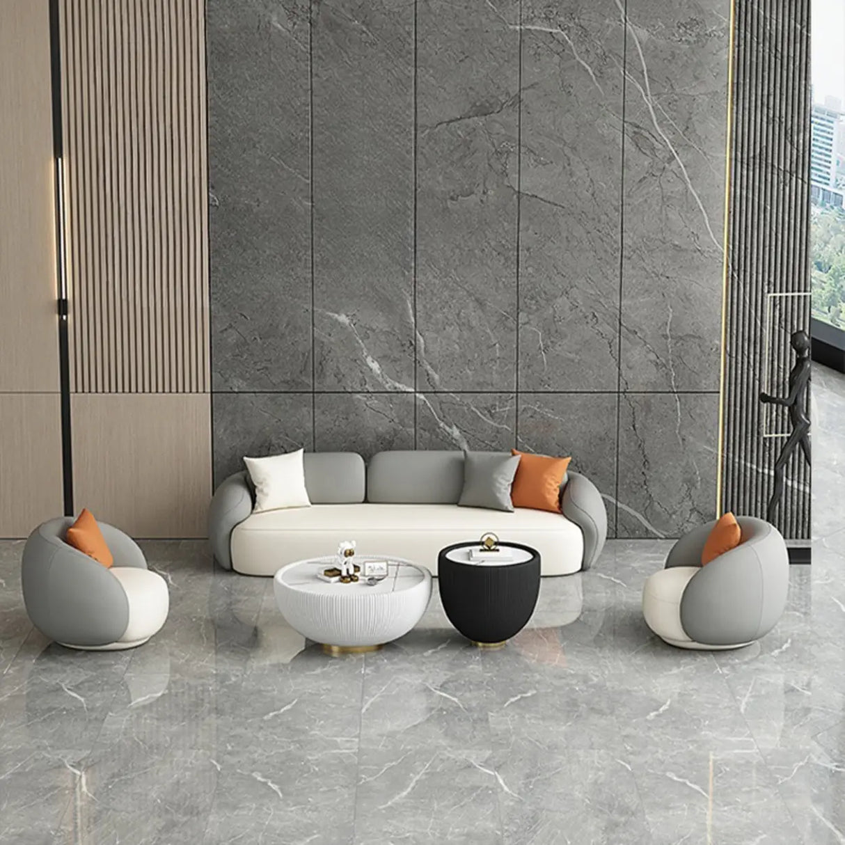Grey White Scratch Resistant Leather Tight Back Sofa Image - 6