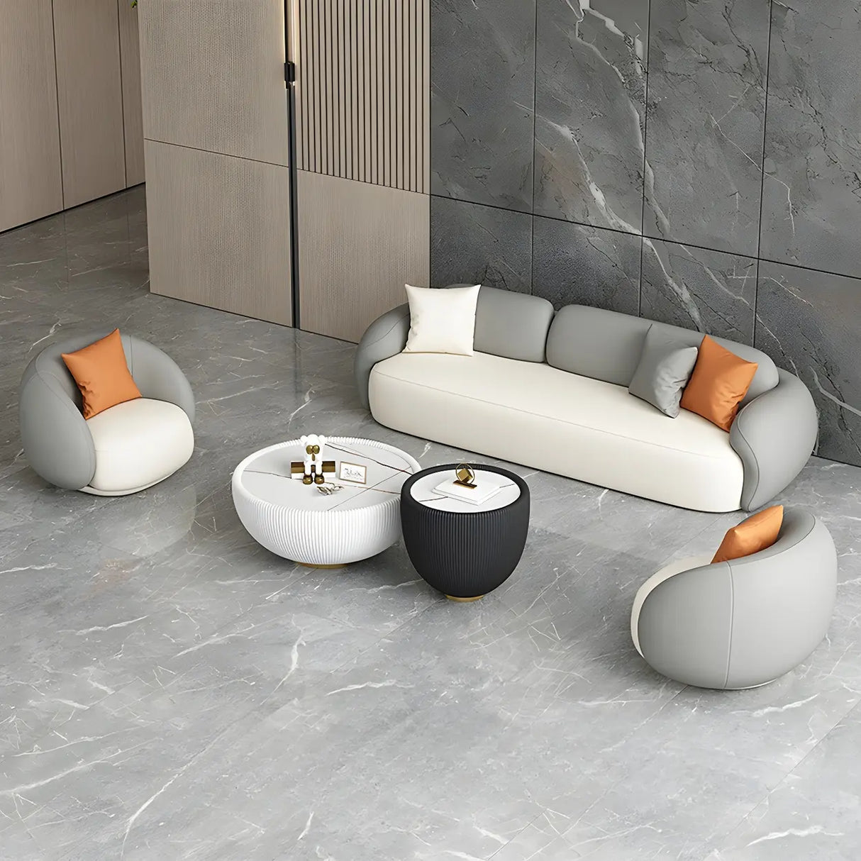 Grey White Scratch Resistant Leather Tight Back Sofa Image - 7