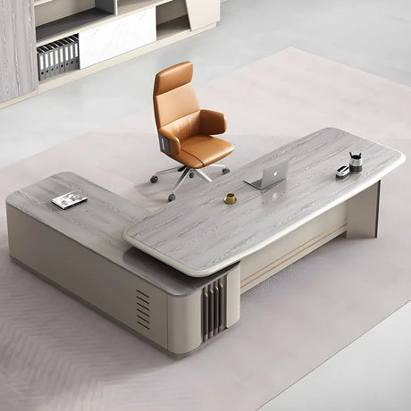 Grey Wood Drawers Cabinet L-Shape Long Executive Desk Image - 1