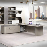 Grey Wood Drawers Cabinet L-Shape Long Executive Desk Image - 2