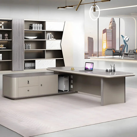 Grey Wood Drawers Cabinet L-Shape Long Executive Desk Image - 2
