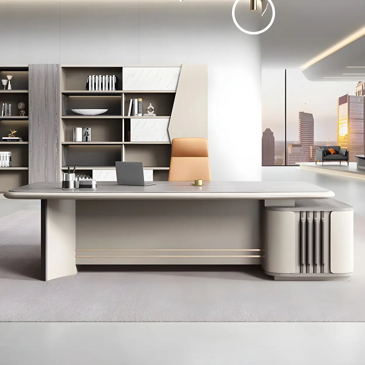 Grey Wood Drawers Cabinet L-Shape Long Executive Desk Image - 3
