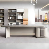 Grey Wood Drawers Cabinet L-Shape Long Executive Desk Image - 3