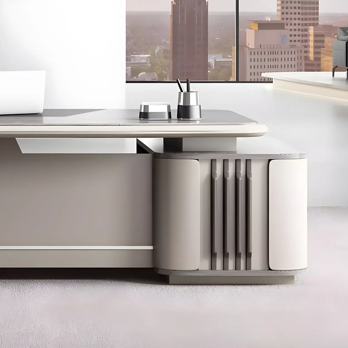 Grey Wood Drawers Cabinet L-Shape Long Executive Desk Image - 4