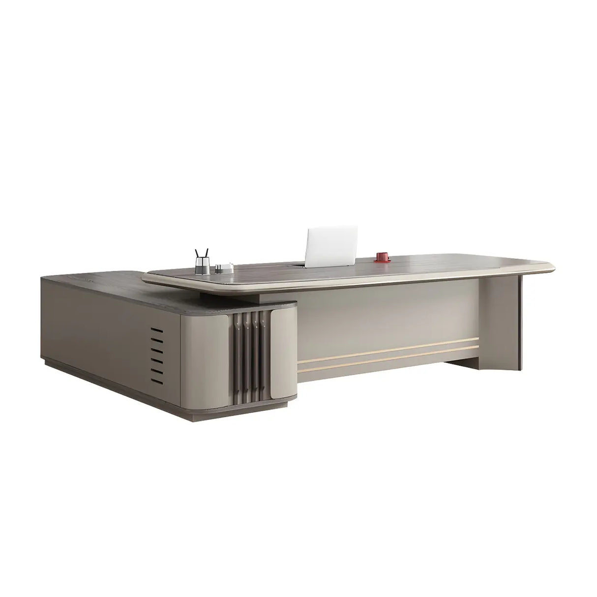 Grey Wood Drawers Cabinet L-Shape Long Executive Desk Image - 5