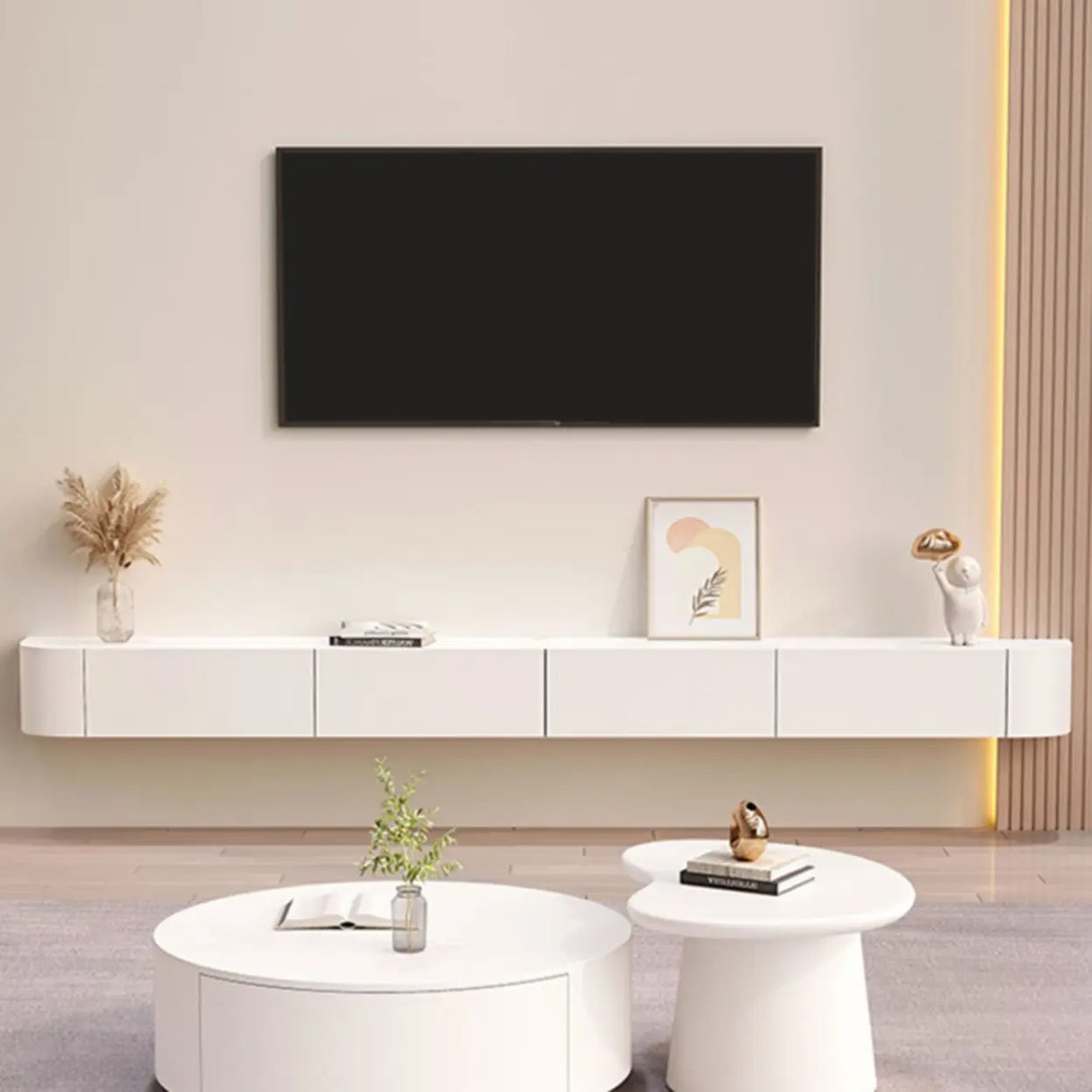 Grey Wood Floating Mount Rectangle TV Stand Image - 5