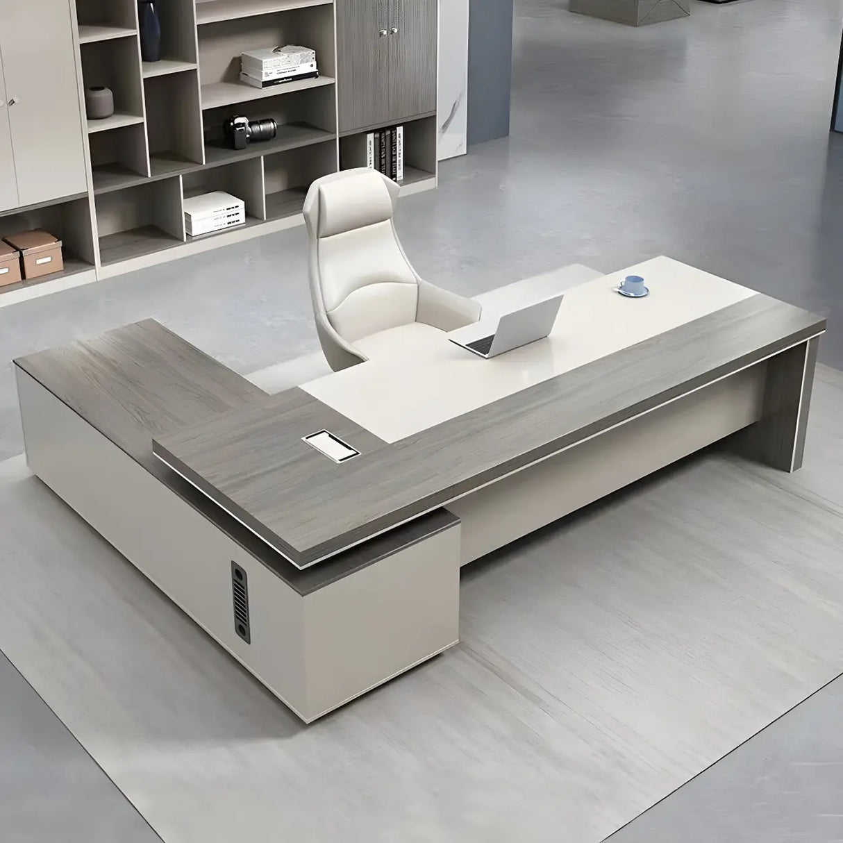 Grey Wood L-Shape Executive Desk with Exterior Shelf Image - 1