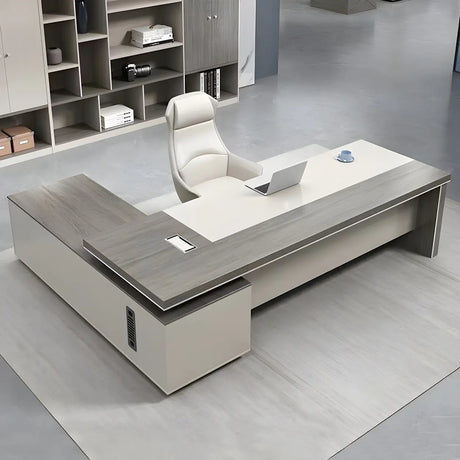 Grey Wood L-Shape Executive Desk with Exterior Shelf Image - 1