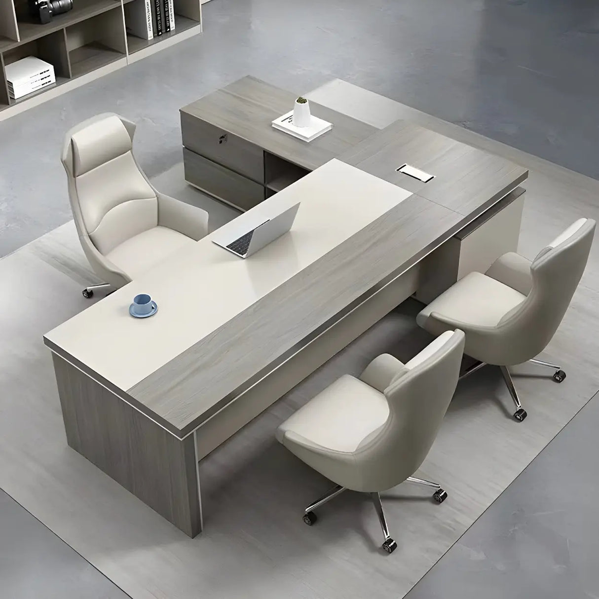 Grey Wood L-Shape Executive Desk with Exterior Shelf Image - 2