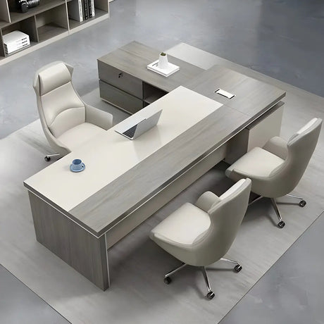 Grey Wood L-Shape Executive Desk with Exterior Shelf Image - 2