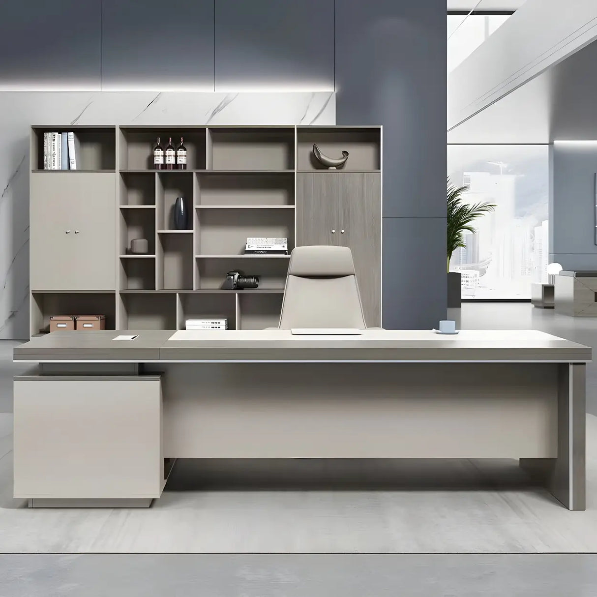 Grey Wood L-Shape Executive Desk with Exterior Shelf Image - 3