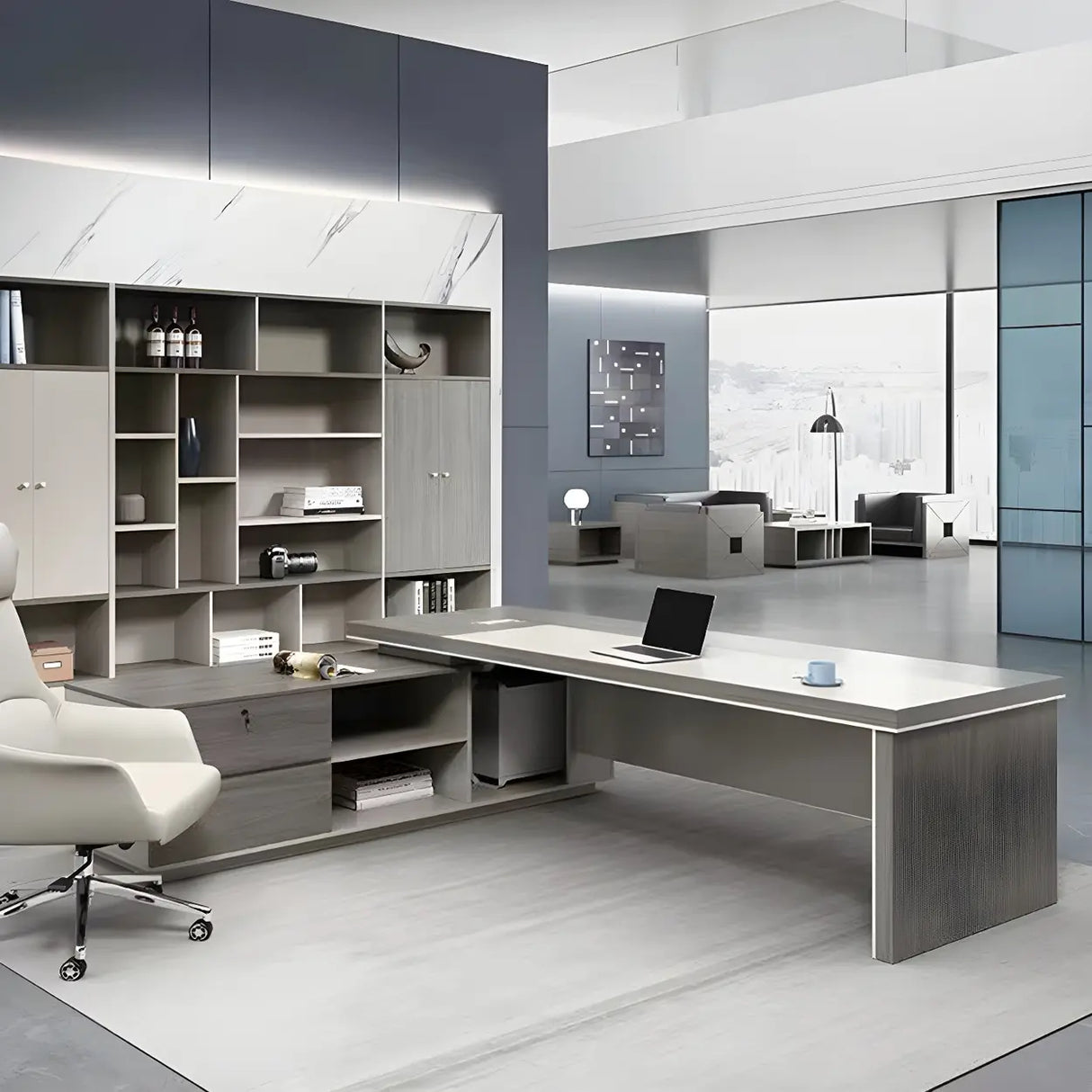 Grey Wood L-Shape Executive Desk with Exterior Shelf Image - 4