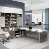 Grey Wood L-Shape Executive Desk with Exterior Shelf Image - 4