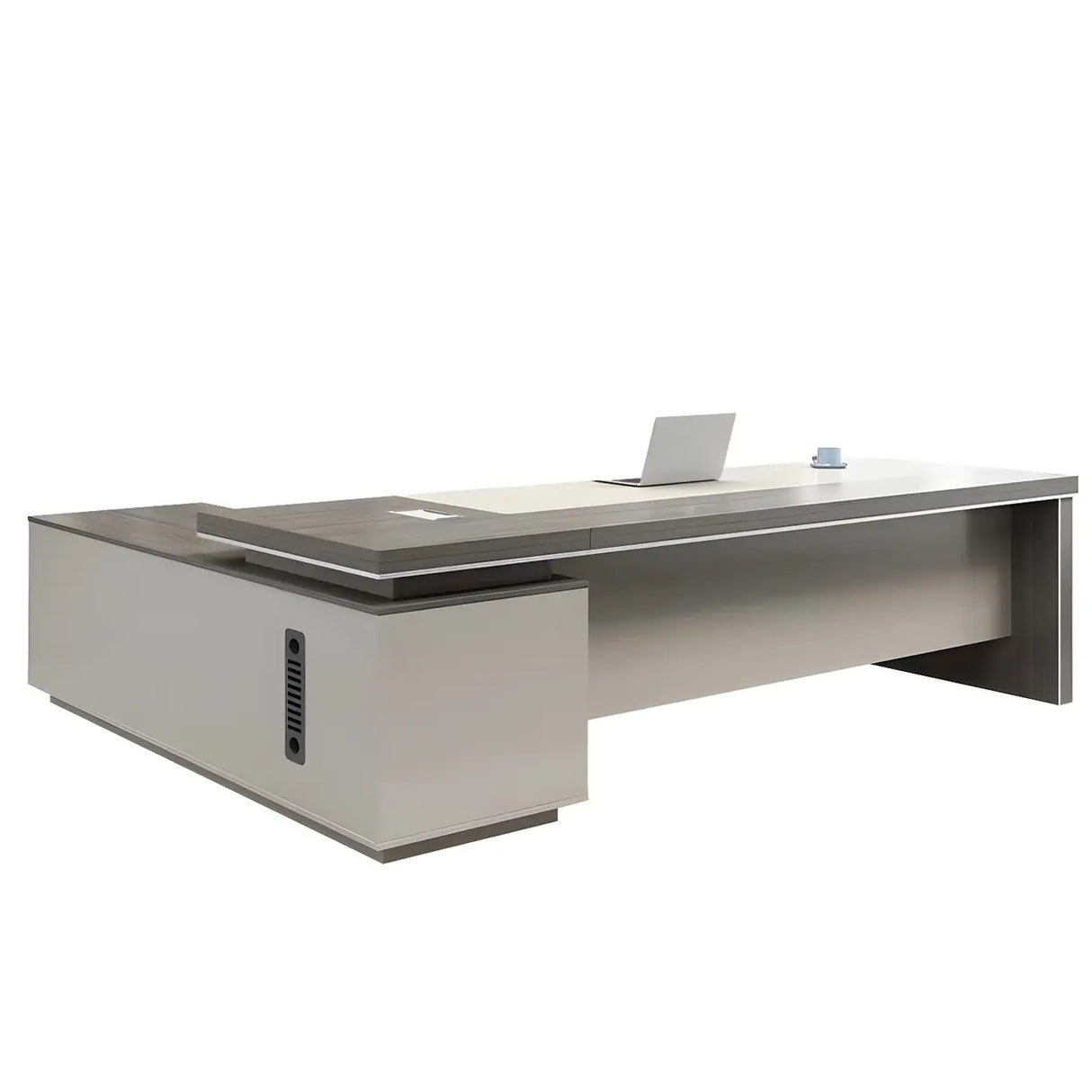 Grey Wood L-Shape Executive Desk with Exterior Shelf Image - 5