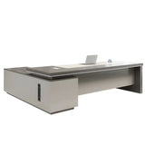 Grey Wood L-Shape Executive Desk with Exterior Shelf Image - 5
