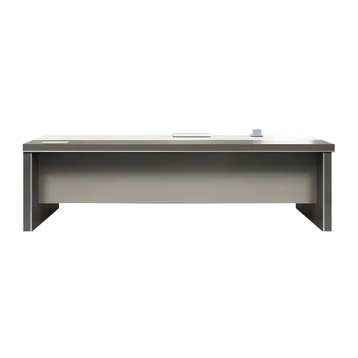 Grey Wood L-Shape Executive Desk with Exterior Shelf Image - 6