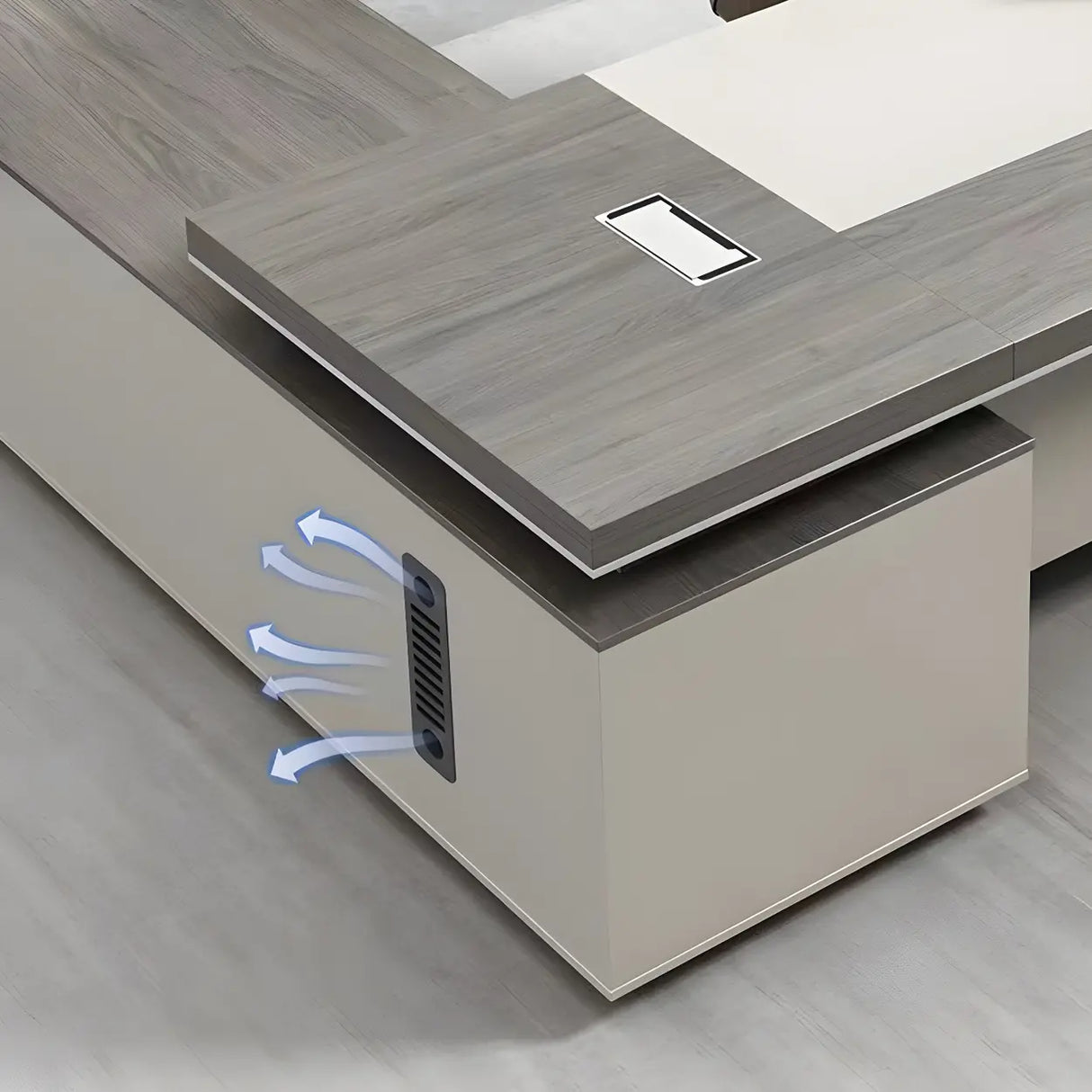 Grey Wood L-Shape Executive Desk with Exterior Shelf Image - 8