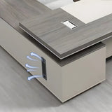Grey Wood L-Shape Executive Desk with Exterior Shelf Image - 8