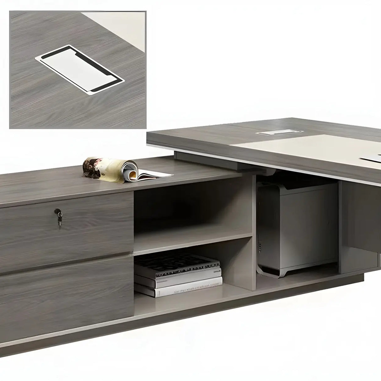 Grey Wood L-Shape Executive Desk with Exterior Shelf Image - 9