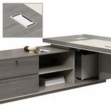 Grey Wood L-Shape Executive Desk with Exterior Shelf Image - 9