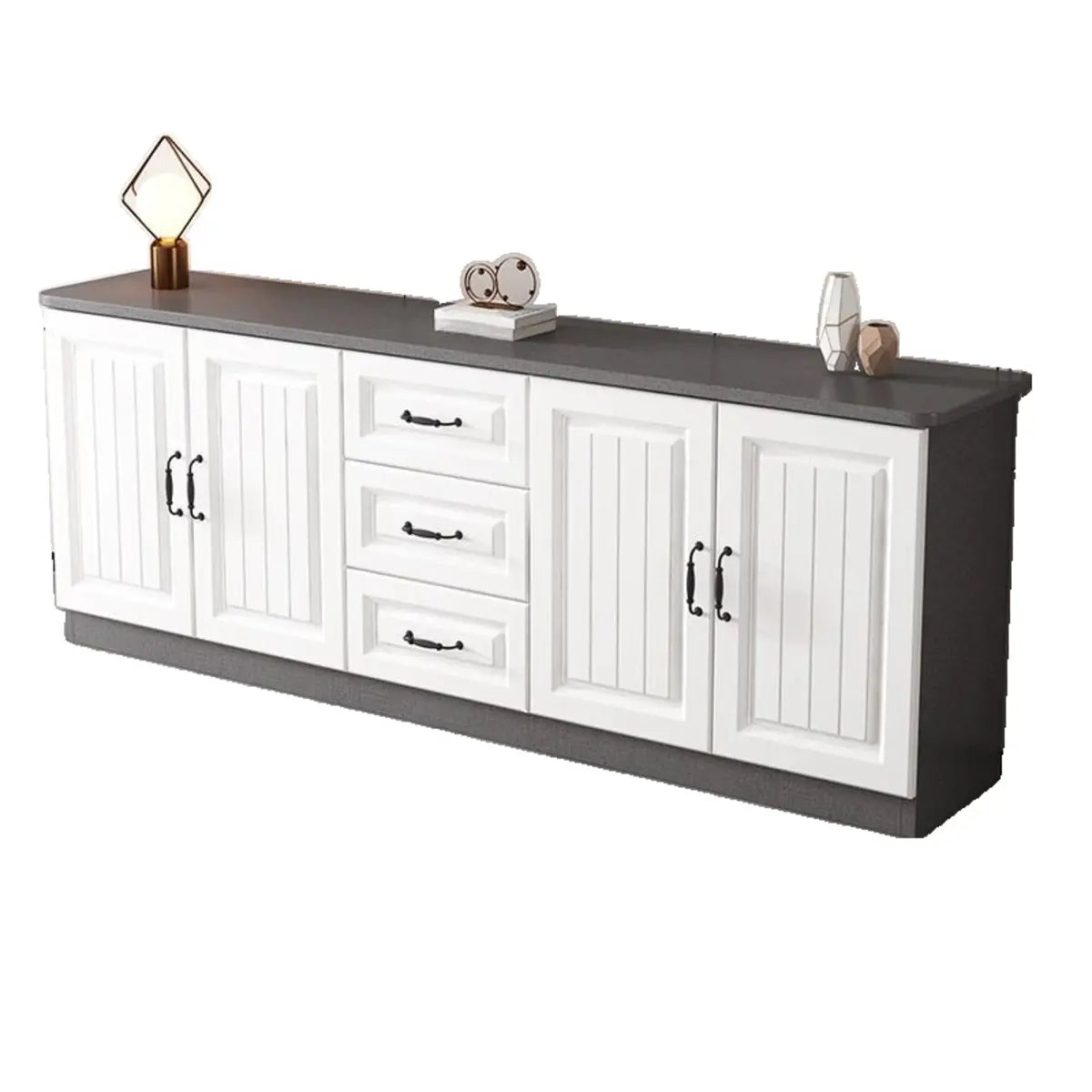 Grey Wooden Cabinet Drawers Rectangular TV Stand Image - 16