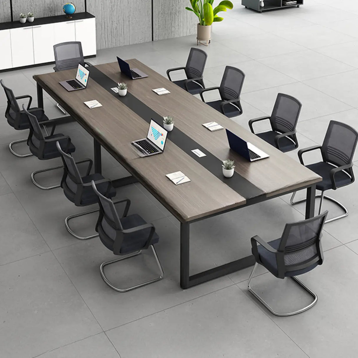Grey Wooden Long Deep Multi-person Conference Desk Image - 3