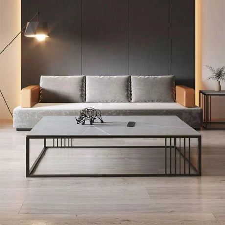Grey Wooden Rectangular Steel Frame Coffee Table Image - 1
