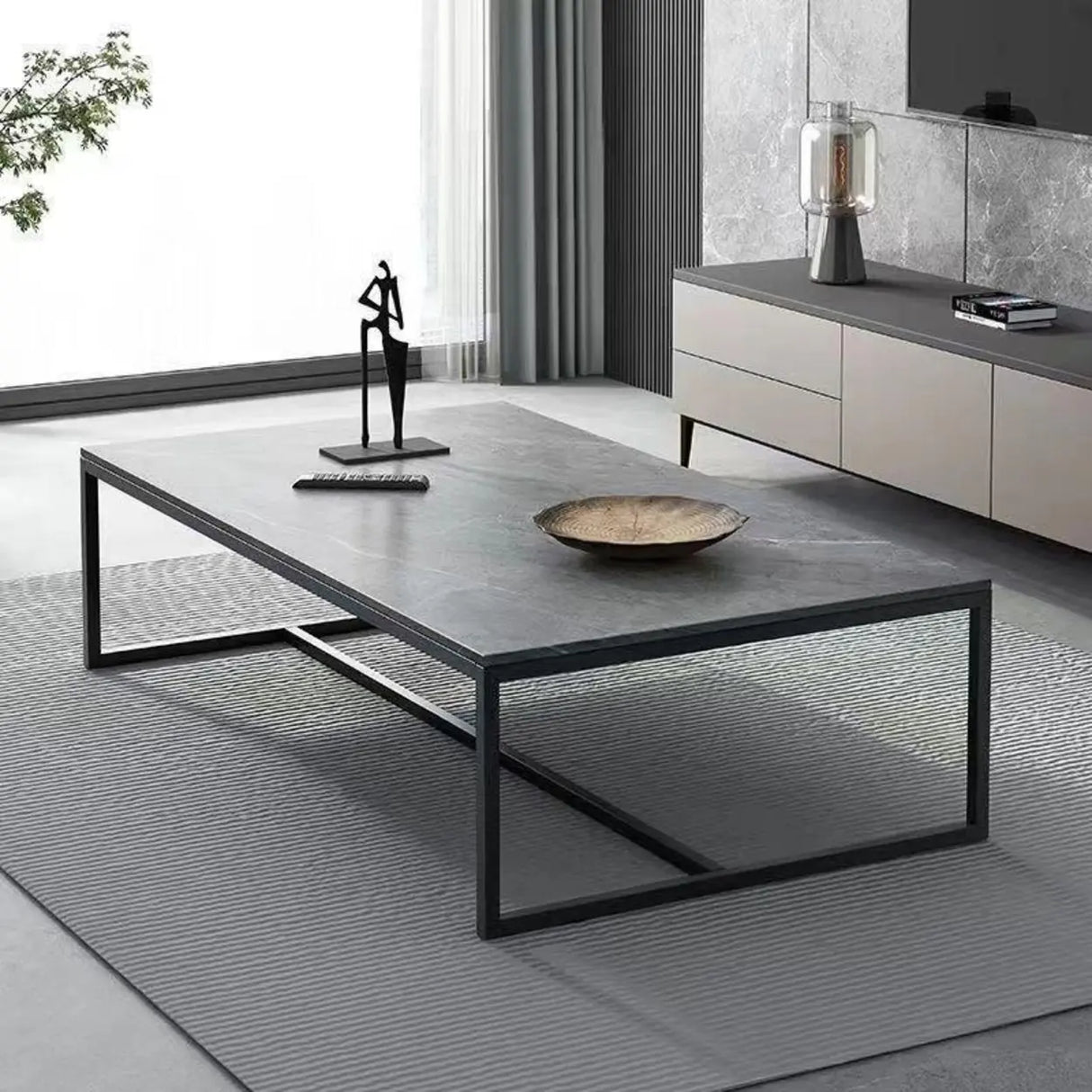 Grey Wooden Rectangular Steel Frame Coffee Table Image - 2