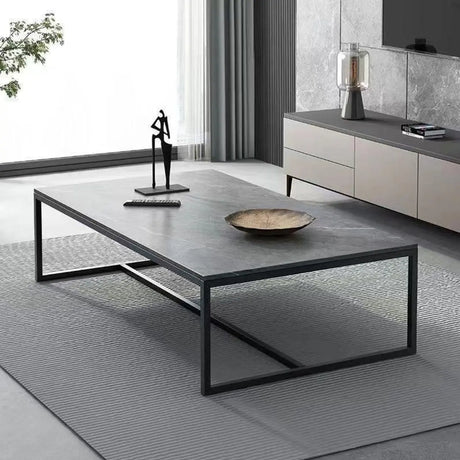 Grey Wooden Rectangular Steel Frame Coffee Table Image - 2