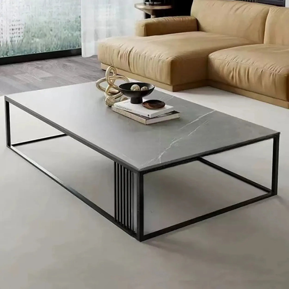 Grey Wooden Rectangular Steel Frame Coffee Table Image - 3