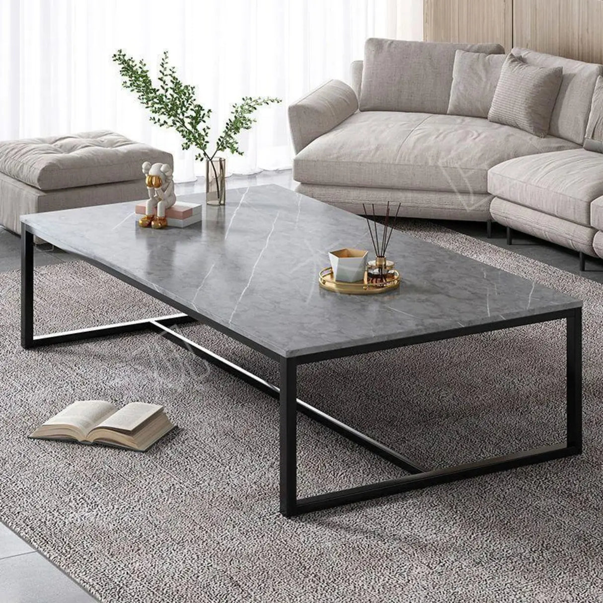 Grey Wooden Rectangular Steel Frame Coffee Table Image - 4