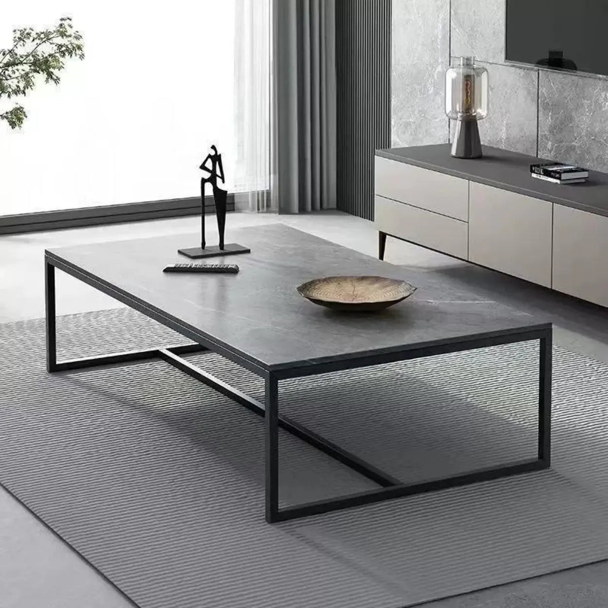Grey Wooden Rectangular Steel Frame Coffee Table Image - 5
