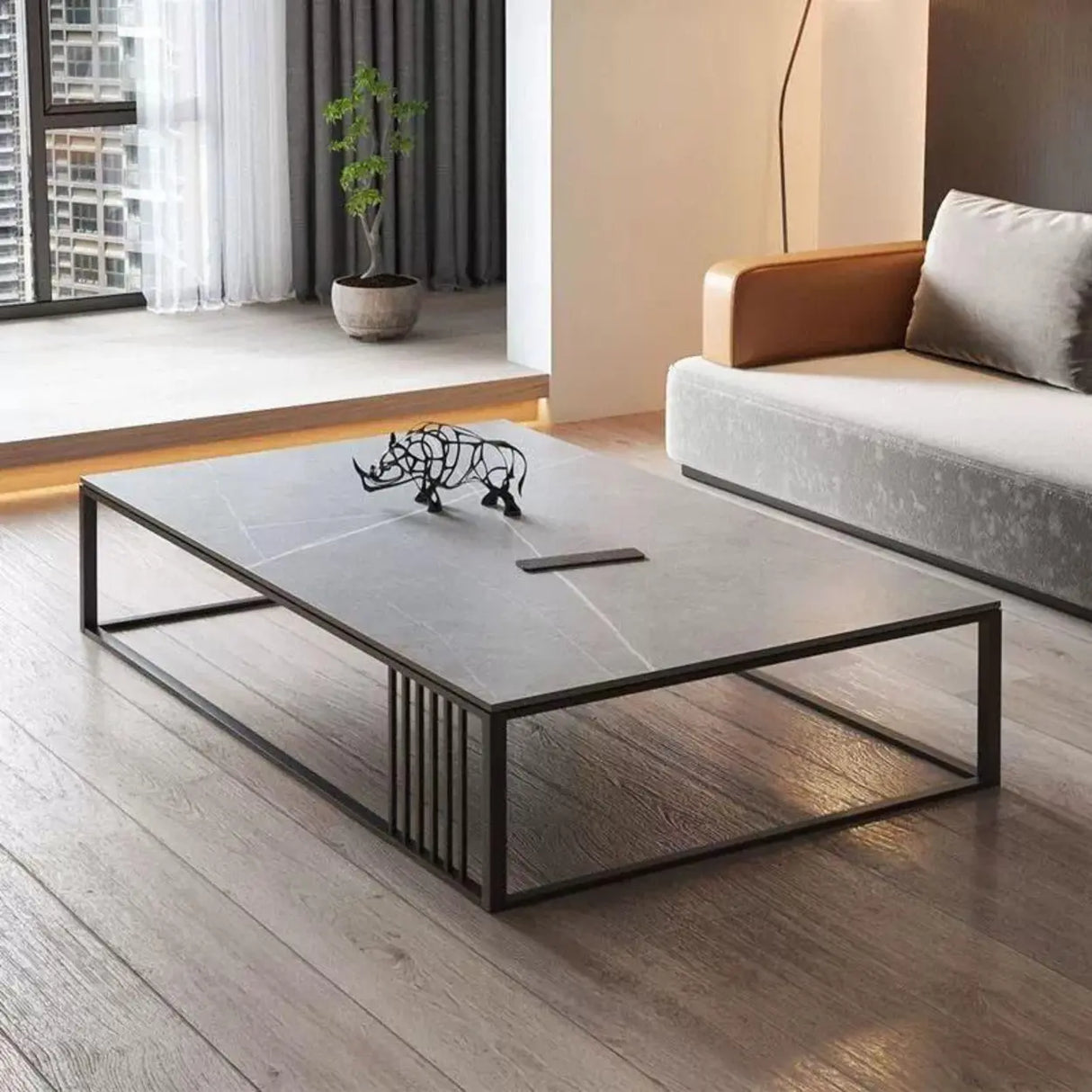 Grey Wooden Rectangular Steel Frame Coffee Table Image - 6